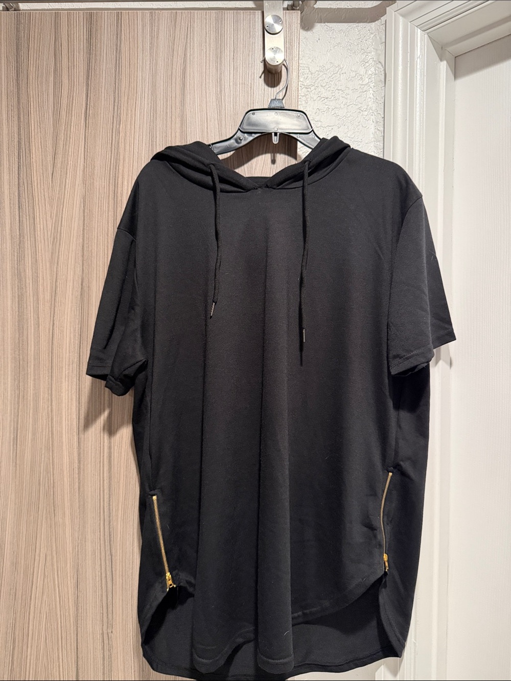 Black Short-Sleeve Hooded Tee with Zipper Pockets